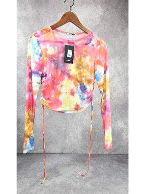 Fashion Nova Vibrant Mesh Top Size L Multicolor Tie Dye Ruched Long Sleeve Crop